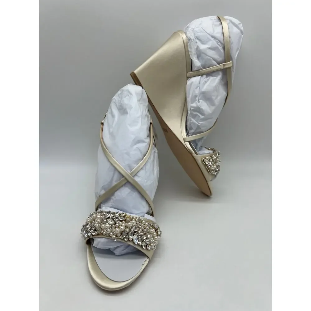 Badgley Mischka Women's Clarisa Embellished Wedge Sandal Ivory MP5243 Size 8